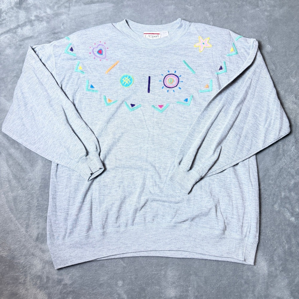 Vintage CA Sport Grey Embroidered Sweatshirt Shoulder Pads 80s 90s Womens Large